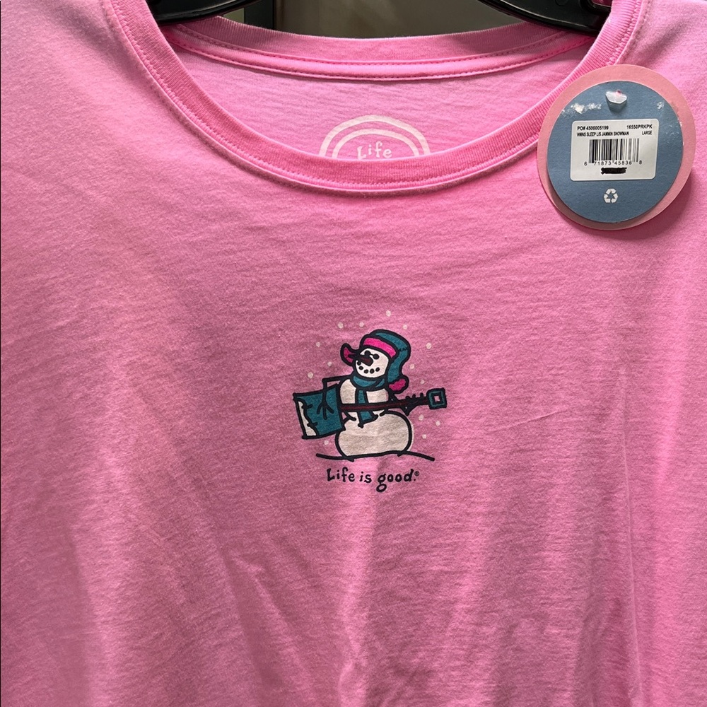 Life Is Good Pink Tee with Snowman Graphic